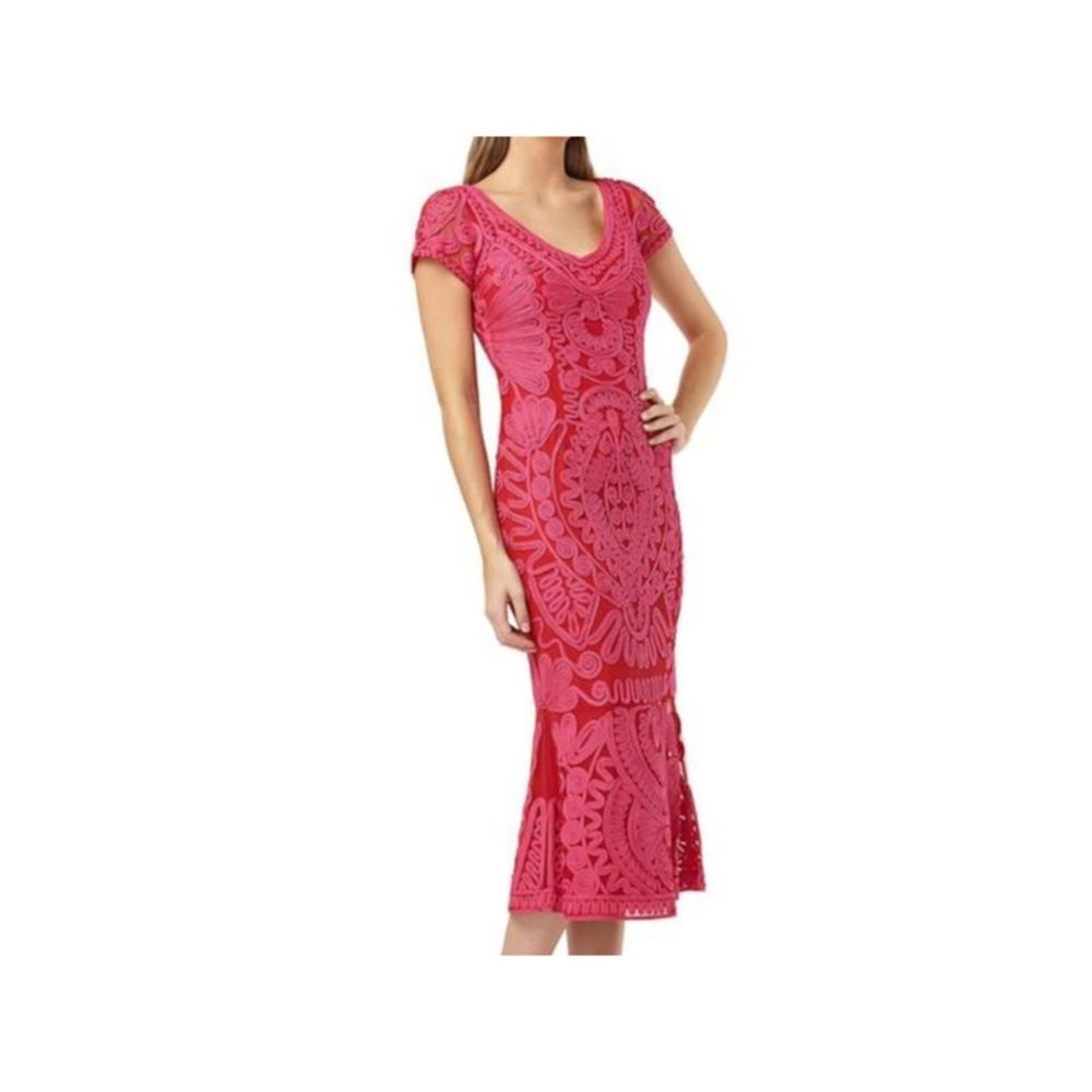 JS COLLECTION Womens Pink Patterned Short Sleeve V Neck Evening Dress 8